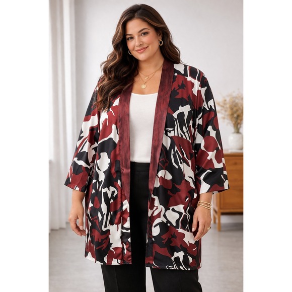 Chico's Other - Chico's Marrakesh Long Kimono Ruana Burgundy Black Abstract‎ Size 3 XL NWT